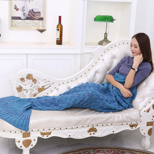Soft Crochet Knitting Throw Blanket Mermaid Tail Blanket Lady Soft Handmade Wool Knit Sleeping Bag Fish Tail Sleeping Travel Bag