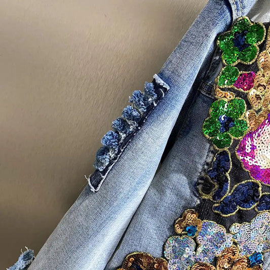 Retro Diamonds Embedding Floral Embroidery Denim Coat Spring Flowers Sequins Appliques Slim Jeans Jacket Cowboy Cardigan Jaqueta SS69