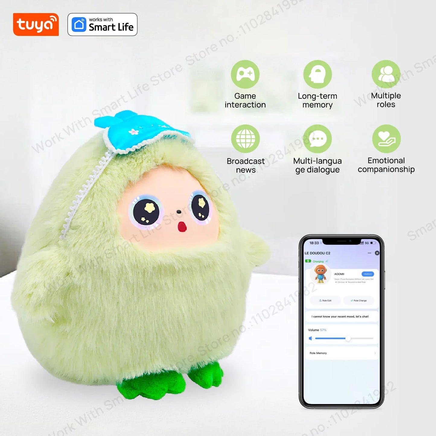 Yaya-AI Plush Robot w/Smart Voice&LED Eyes, Interactive Companion Toy w/Tuya App Control, USB Rechargeable E-Pet - Mint Green