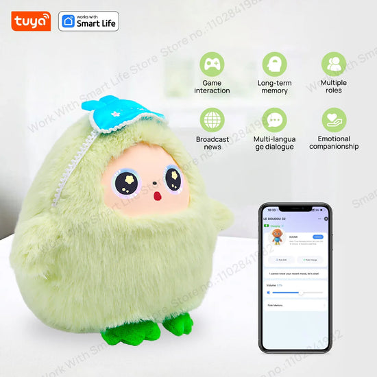 Yaya-AI Plush Robot w/Smart Voice&LED Eyes, Interactive Companion Toy w/Tuya App Control, USB Rechargeable E-Pet - Mint Green
