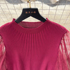 SINGREINY Senior Knitted Patchwork Dress Long Lantern Sleeves Bow Mesh Embroidery Floral Women Autumn France Elegant Party Dress