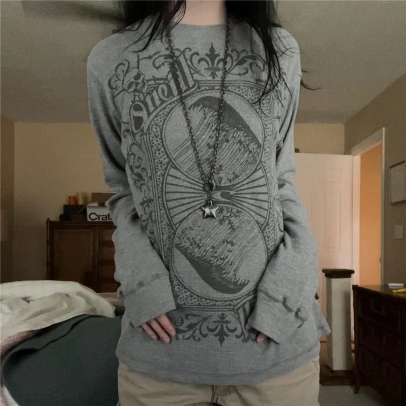 Lamuusaa Goth Hoodie Women Fairy Grunge Clothes Round Neck Long Sleeve Baggy Sweatshirt Tops y2k Punk Style Pullover Streetwear SS69