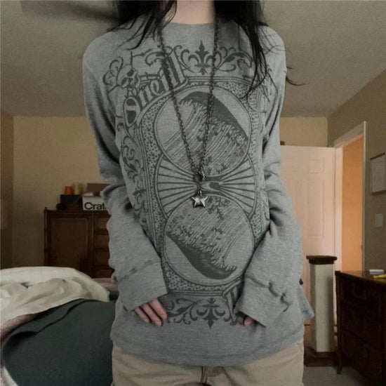 Lamuusaa Goth Hoodie Women Fairy Grunge Clothes Round Neck Long Sleeve Baggy Sweatshirt Tops y2k Punk Style Pullover Streetwear SS69