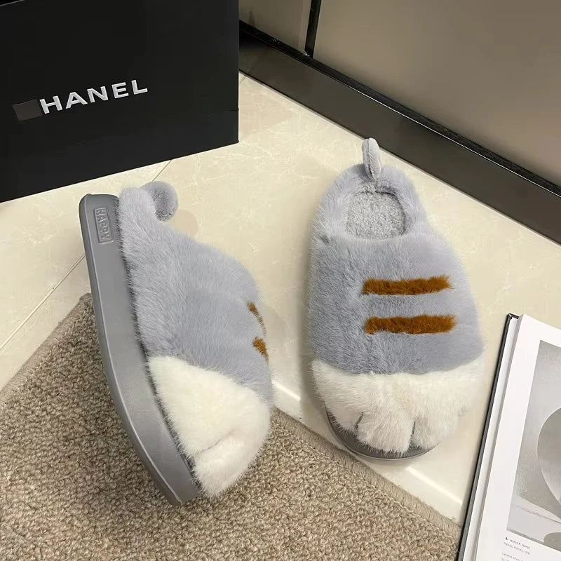 New Adorable Kitty Claw Slippers Women's Home Shoes Non Slip Furry Mules Female Fashion Warm Fluffy Slides Outdoor Cat Slippers