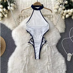 Women Hotsweet Sexy Drawstring Lace Up Design Halter Playsuits Fashion Transparent Bodysuits Slim Hollow Out Summer Rompers  New