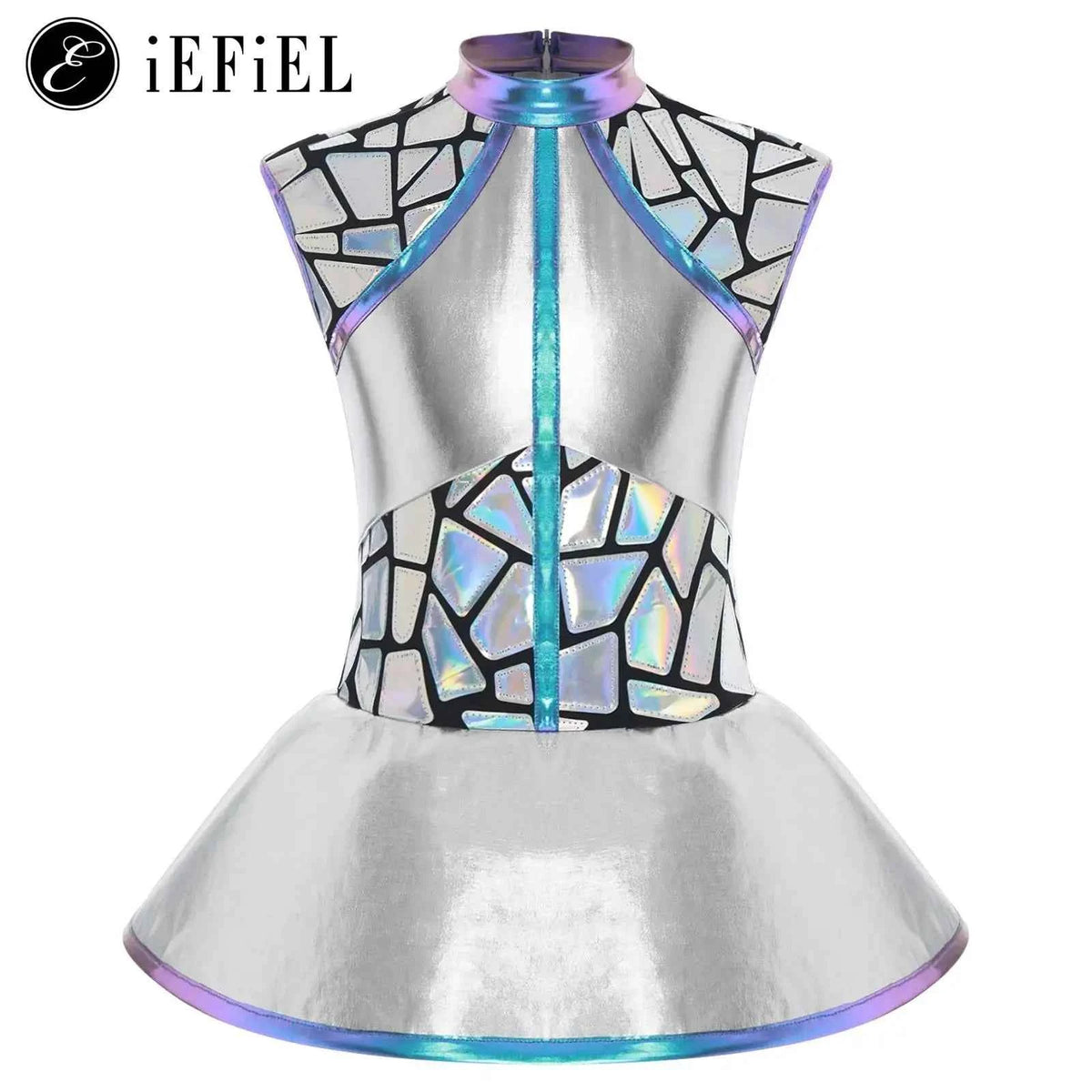 Girls Shiny Alien Outerspace Halloween Cosplay Costume Sleeveless Mock Zip Neck Tutu Dance Dress for Future World Party