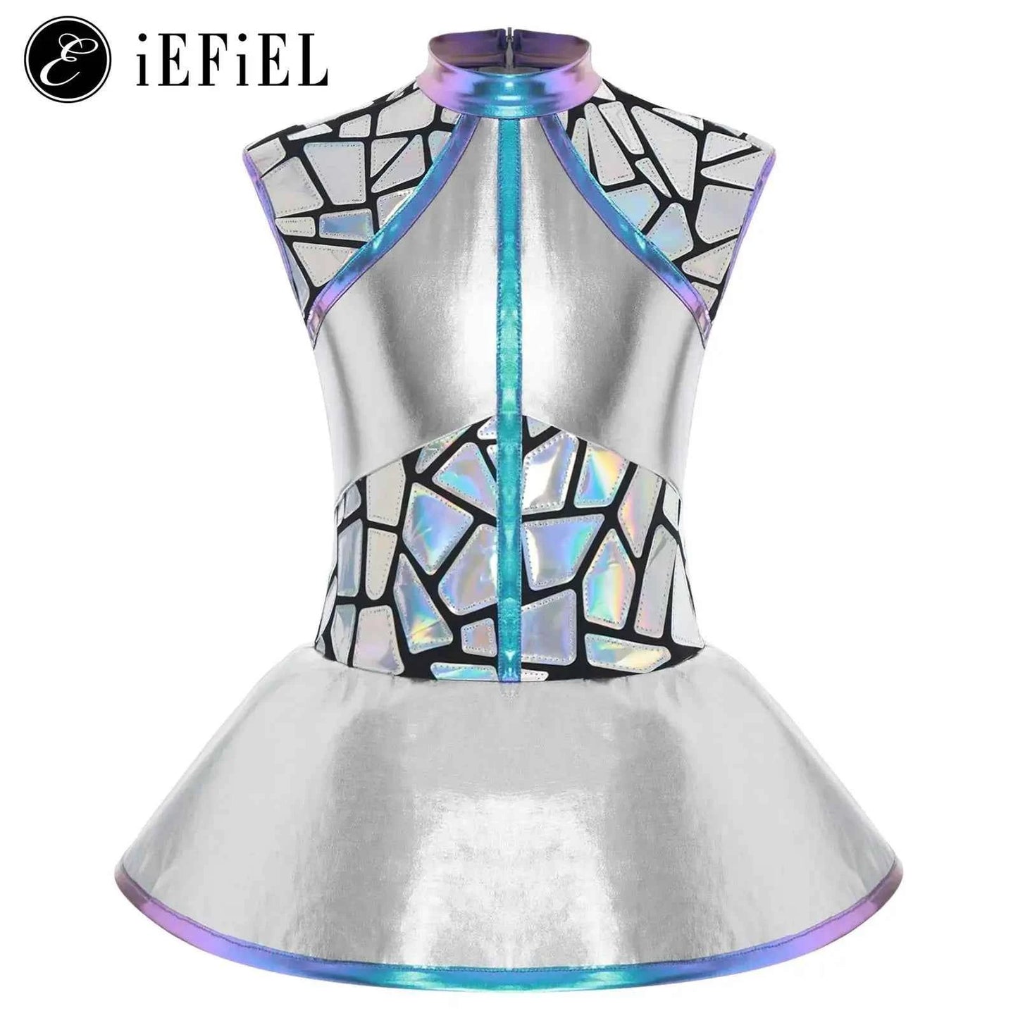 Girls Shiny Alien Outerspace Halloween Cosplay Costume Sleeveless Mock Zip Neck Tutu Dance Dress for Future World Party