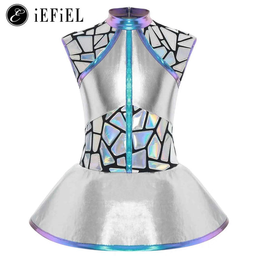 Girls Shiny Alien Outerspace Halloween Cosplay Costume Sleeveless Mock Zip Neck Tutu Dance Dress for Future World Party