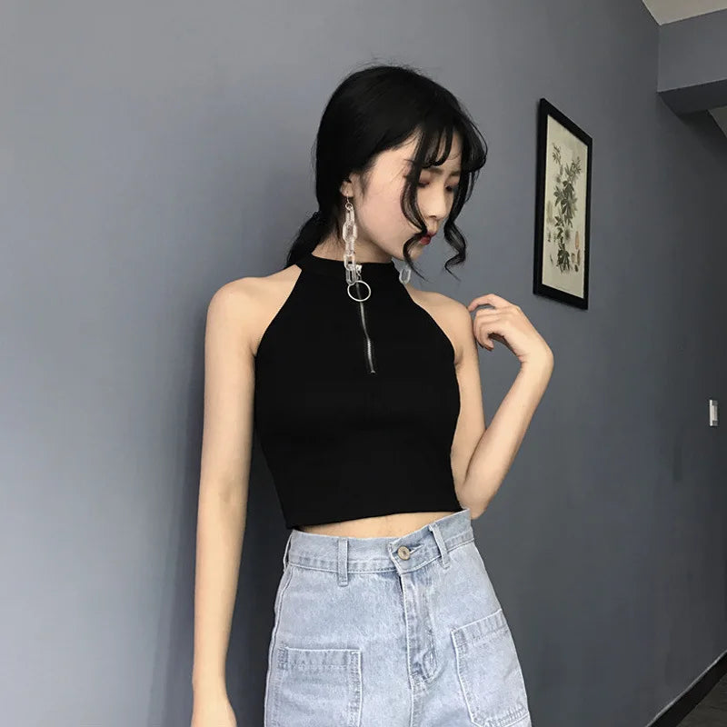 Retro Zipper Crop Tops Women Short Knitted Camisole Sleeveless Leisure Tank Top Camis Summer 2022 New SS69