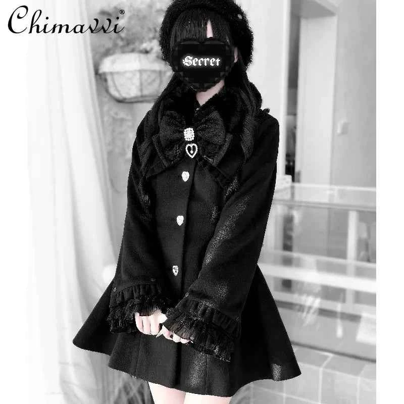 Japanese Mass-Produced Long Wool Collar Coat 20% Wool Waist-Cinching Sweet Girl Long Sleeve Slim Fit Elegant Lolita Woolen Coat