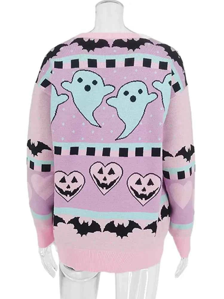 Yangelo Pink Kawaii Sweater Women's Knitted Top Gothic Ghost Bat Pattern Autumn Winter Warm Fairy Grunge Clothing