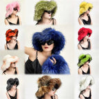 Luxury Fluffy Women Faux Fur Bucket Hats Oversized 17cm Wide Brim Thicken Outdoor Warm Plush Punk Hat Girl Y2k Female Ski Panama