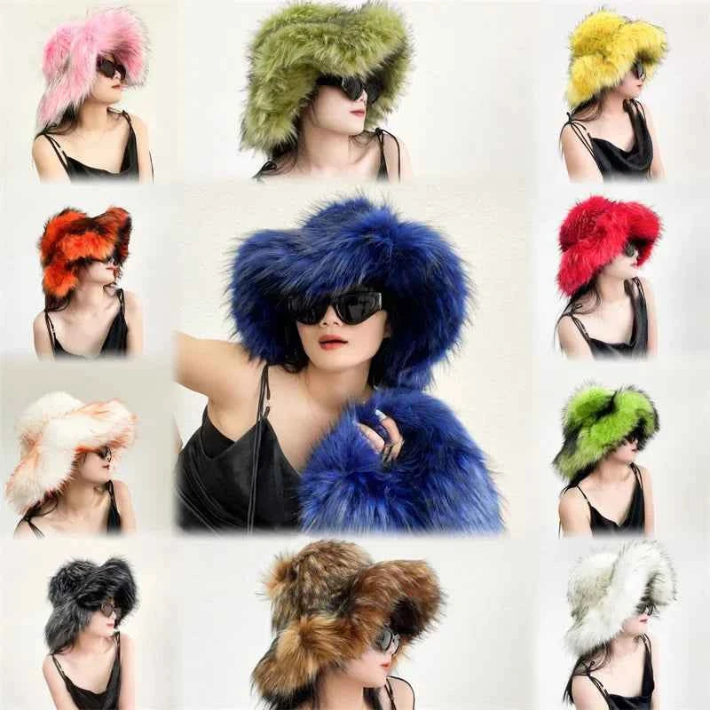 Luxury Fluffy Women Faux Fur Bucket Hats Oversized 17cm Wide Brim Thicken Outdoor Warm Plush Punk Hat Girl Y2k Female Ski Panama