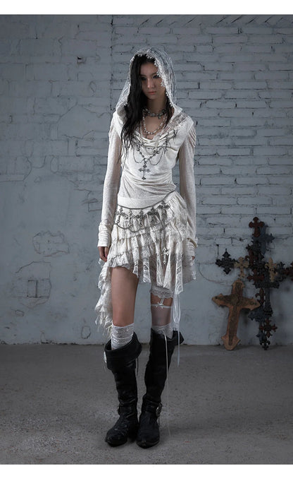 NO ROMANCE Fairy Sexy Punk Printing Half Transparent Lace Patch Knitted Long Sleeve Hooded Dresses Rock Gothic Design Vestidos SS69