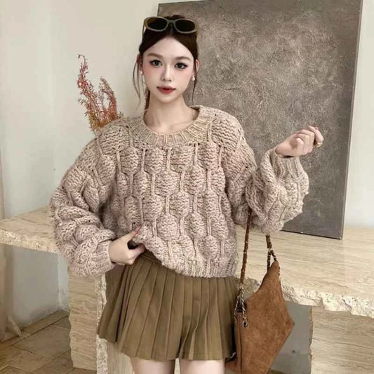 Chunky Crop Knit Sweater Women Niche Design Crew-neck Jumper 2025 Fall Winter Knitwear