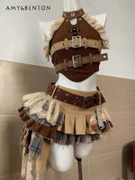 Sweet and Cool Maillard Retro Old Spice Girl Style Splicing Lace Denim Neck Top Irregular Short Skirt Two-piece Set for Women SS69