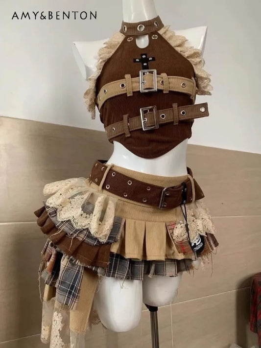 Sweet and Cool Maillard Retro Old Spice Girl Style Splicing Lace Denim Neck Top Irregular Short Skirt Two-piece Set for Women SS69