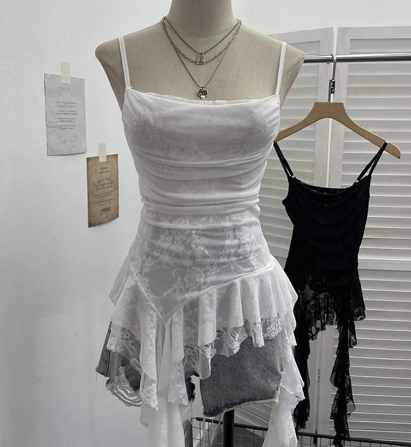 Women's Vintage Tie-dye Printed Mesh Spaghetti Strap Camisole Hot Girl Irregular Ruffled Ribbon Sleeveless Top Partyclub 1185