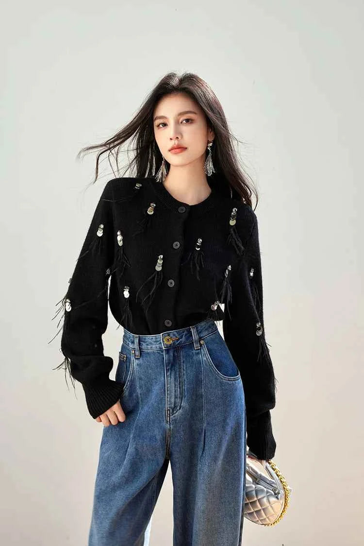 H Han Queen Autumn Simple Basic Black Tasseled Sequins Knitted Coats Cardigan Sweater For Womens Tops Long Sleeve Cardigans