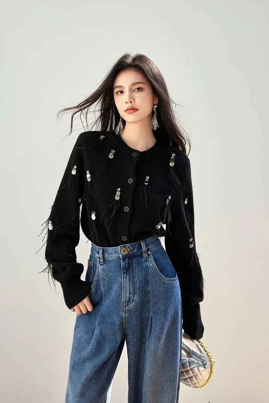 H Han Queen Autumn Simple Basic Black Tasseled Sequins Knitted Coats Cardigan Sweater For Womens Tops Long Sleeve Cardigans