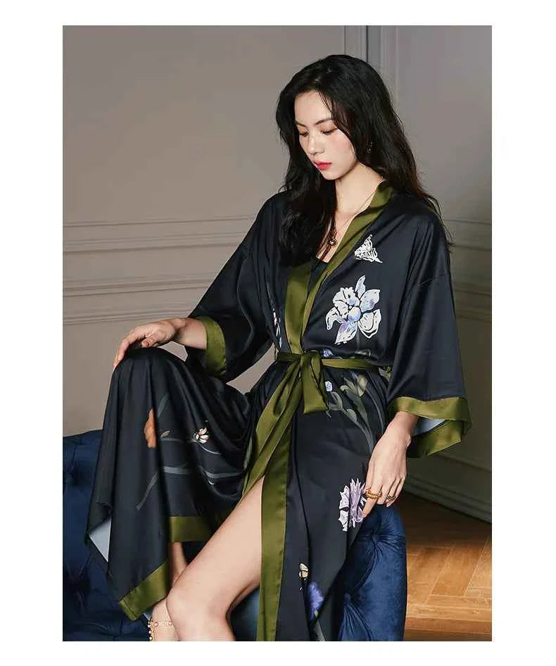 Black Print Flower Long Robe Nightgown Spring Summer Half Sleeve Kimono Bathrobe Gown Women Sexy Rayon Home Dress Loungewear