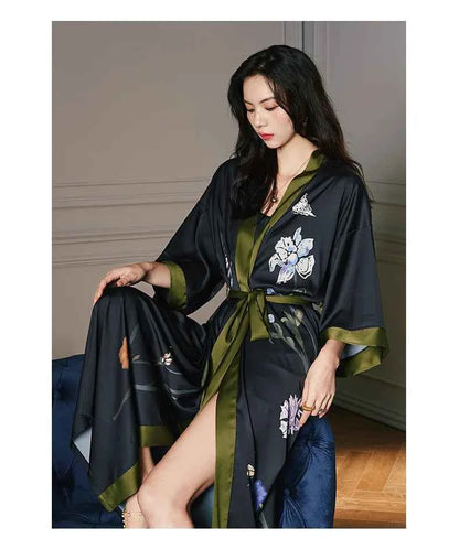Black Print Flower Long Robe Nightgown Spring Summer Half Sleeve Kimono Bathrobe Gown Women Sexy Rayon Home Dress Loungewear