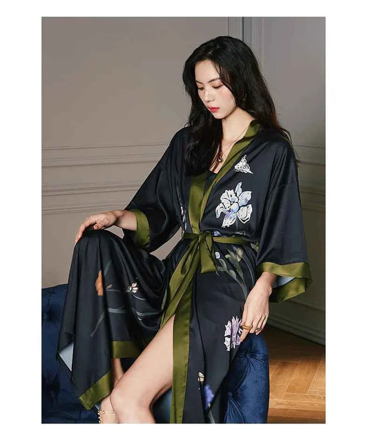 Black Print Flower Long Robe Nightgown Spring Summer Half Sleeve Kimono Bathrobe Gown Women Sexy Rayon Home Dress Loungewear