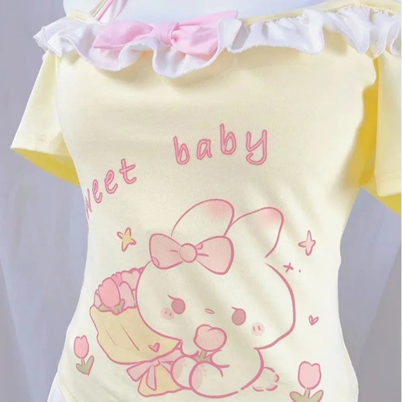 2025 Ropa Mujer Sweet Woman T Shirts Slash Neck Short Sleeve Tees Fashion Japnese Camisetas Y2k Tops Ruffles Anime Cute Tshirts SS69