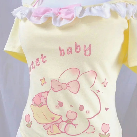 2025 Ropa Mujer Sweet Woman T Shirts Slash Neck Short Sleeve Tees Fashion Japnese Camisetas Y2k Tops Ruffles Anime Cute Tshirts SS69