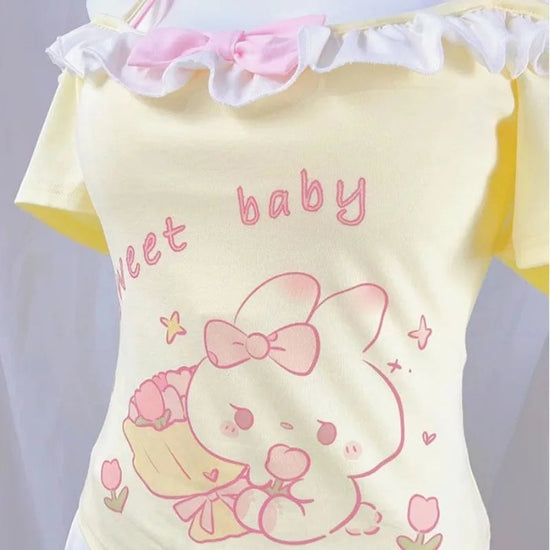 2025 Ropa Mujer Sweet Woman T Shirts Slash Neck Short Sleeve Tees Fashion Japnese Camisetas Y2k Tops Ruffles Anime Cute Tshirts SS69