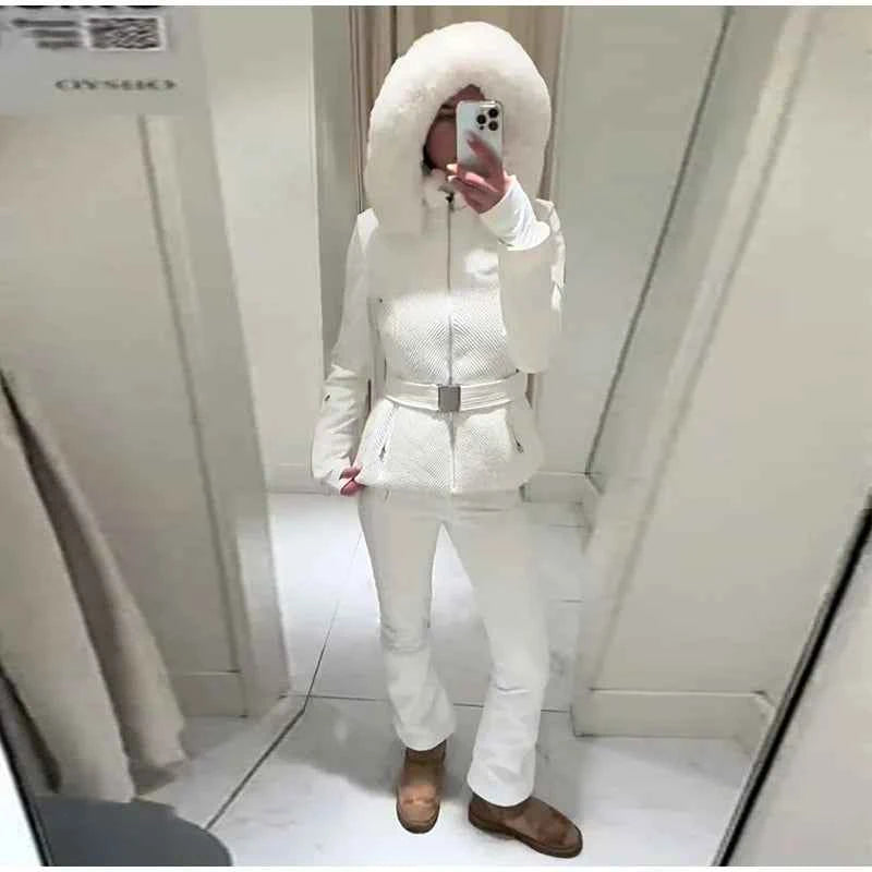 Fashion Solid Warm Ski Suit Women's Hood Fur Trim Full Sleeves Belt Coats High Waist Pants 2025 Winter Lady Windproof Tracksuit