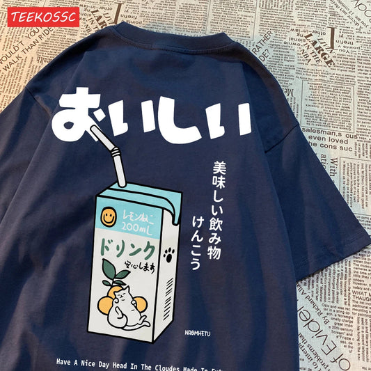 Cute Japanese Cat Print Oversized T-shirt Women Men Short Sleeve Loose Casual Tee Shirt Streetwear Tops Cotton Harajuku Clothing SS69 12.69 Dark Blue / M