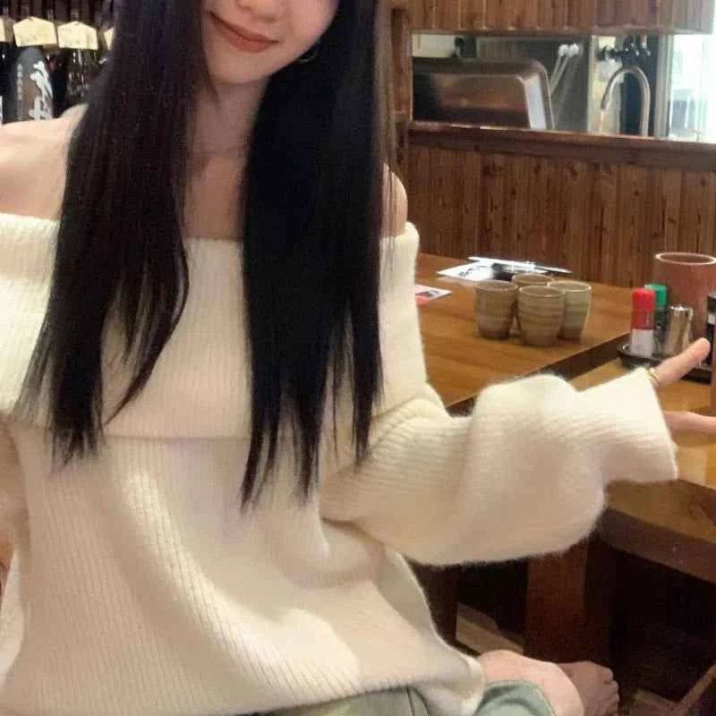 Off Shoulder Sweater for Women Comfy Knitted Top Long Sleeve Off-the-Shoulder Pullover Sweater Autumn Winter Elegant Fashion