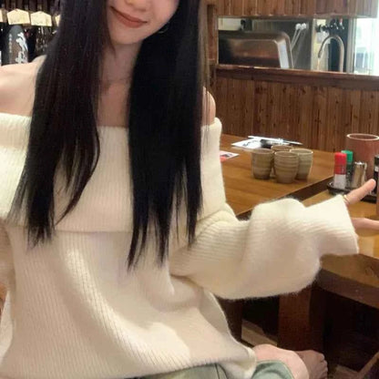 Off Shoulder Sweater for Women Comfy Knitted Top Long Sleeve Off-the-Shoulder Pullover Sweater Autumn Winter Elegant Fashion