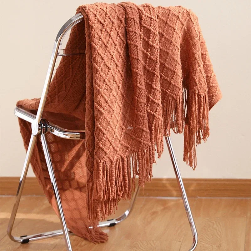 Handmade Crochet Knit Throw Blanket with Tassels, 100% Acrylic