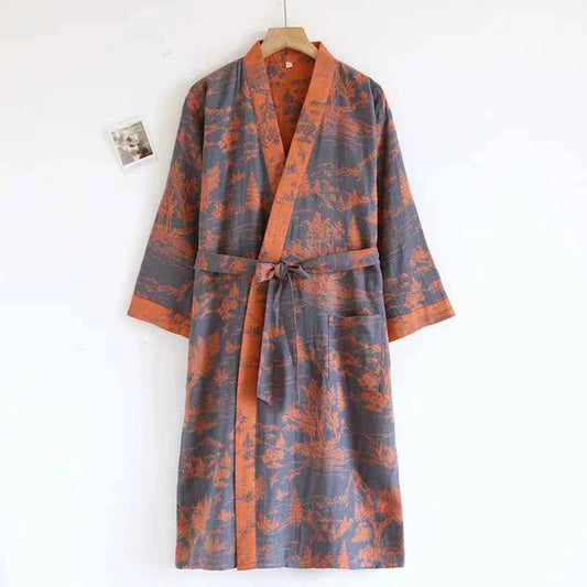 Cotton-colored Woven Jacquard Kimono Robes with Belt Loose Men's Long Sleeve Large Size Yukata Sweat-steamed Clothes