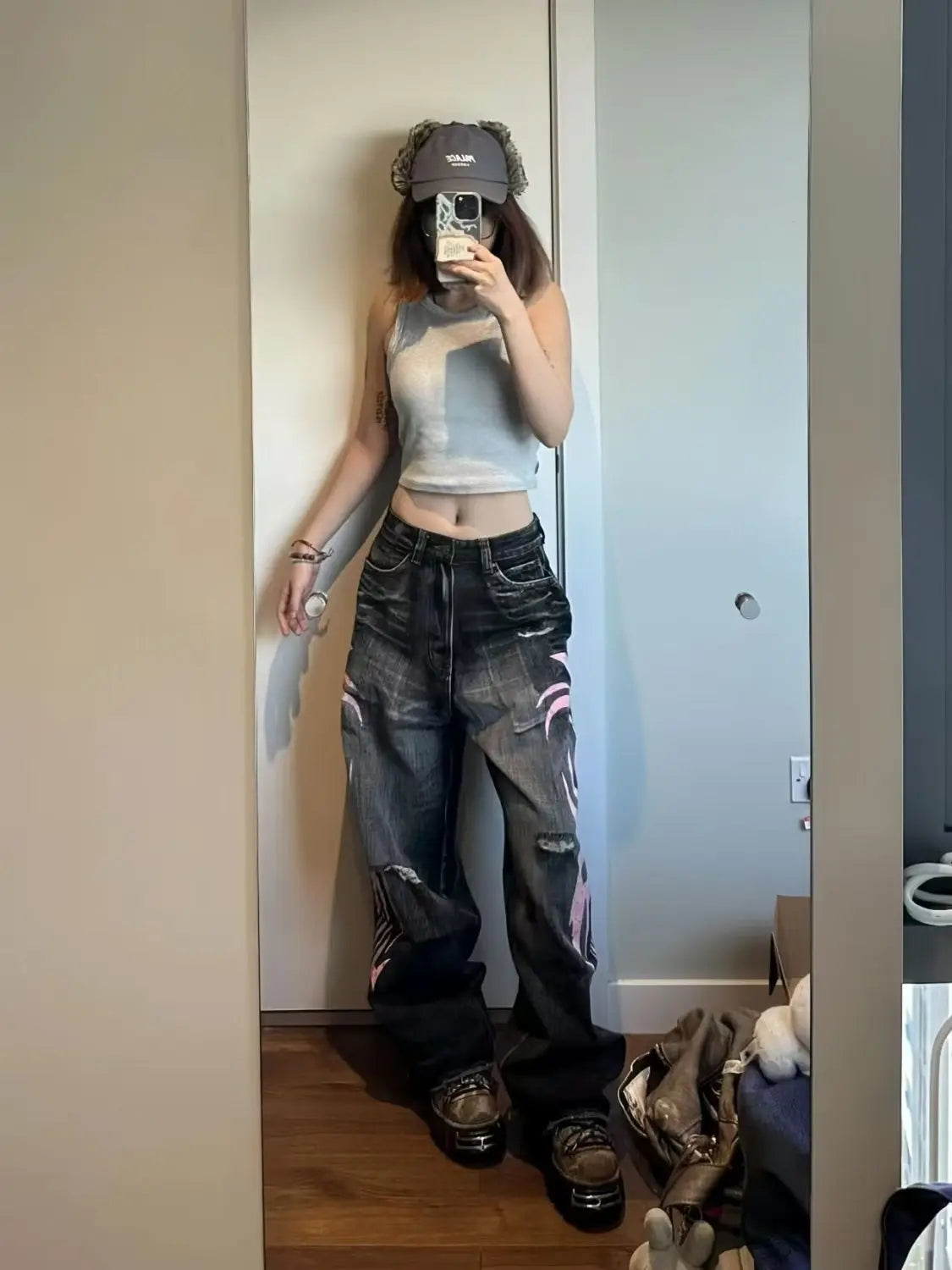 Y2K American Vintage Mottled Totem Print Baggy Jeans Women's High Waist Wide Leg Jeans Women's Harajuku Trendy Hip-hop Jeans SS69