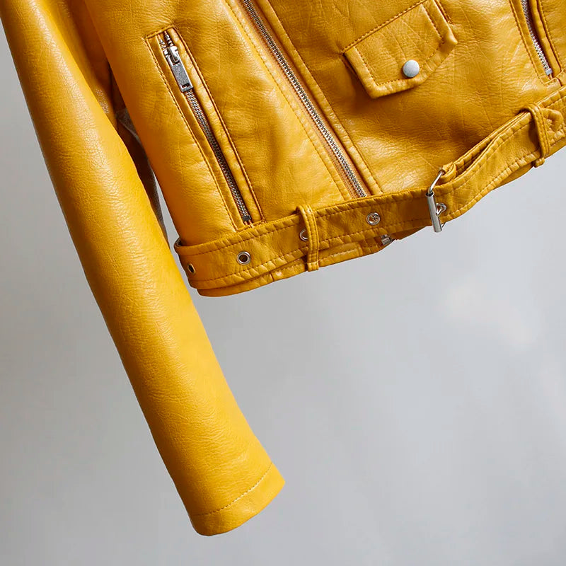 Women's PU Leather Motorcycle Jacket - Slim Fit, Turn-Down Collar