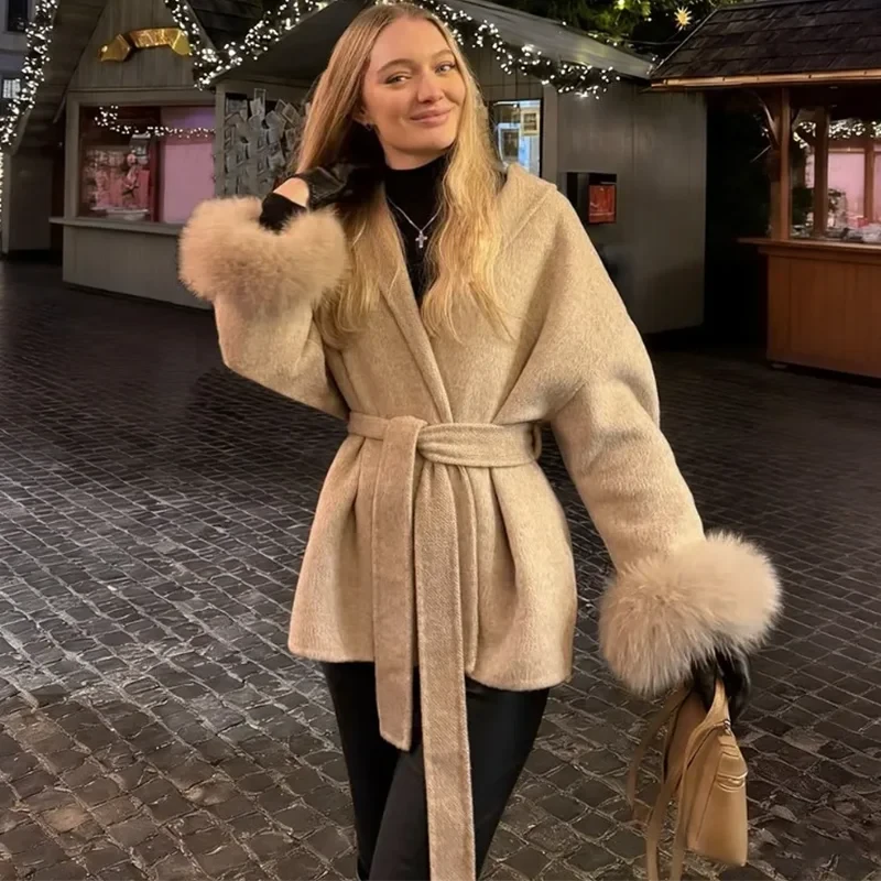 TARUXY Fox Fur Woolen Coats Women's Short Coat Office Lady Removable Elegant Double-sided Wool Overcoat 2025 New Cardigan Jacket