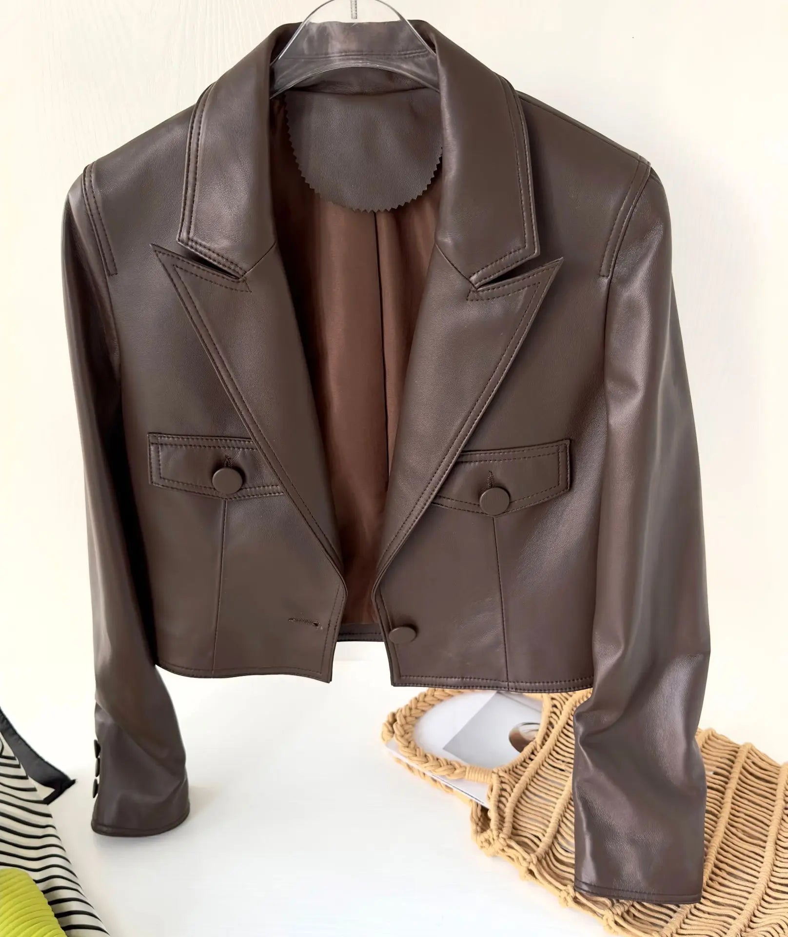 Women's Genuine Sheepskin Leather Blazer Jacket - Pink, Single Button