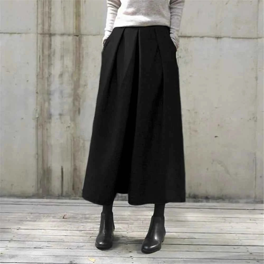 Loose Woolen Wide Leg Skirts Pants Women Pleated Casual Pants Winter Autumn Straight Trousers Elastic High Waist Fat Leg Pants