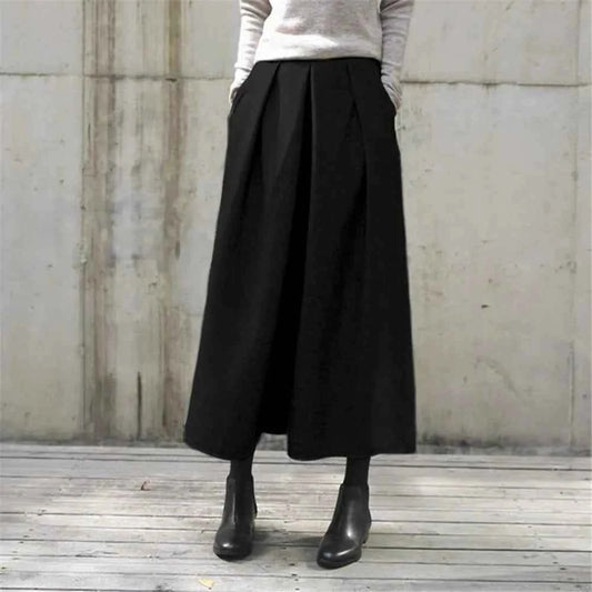 Loose Woolen Wide Leg Skirts Pants Women Pleated Casual Pants Winter Autumn Straight Trousers Elastic High Waist Fat Leg Pants