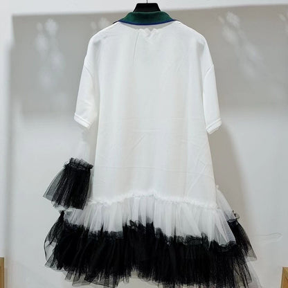 Summer Mesh Splicing Ruffles Short Sleeve T-Shirts Irregular Gauze Stitching Ruched Pleated Tees Letters Printed Jumpers Tops SS69