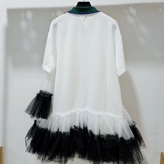 Summer Mesh Splicing Ruffles Short Sleeve T-Shirts Irregular Gauze Stitching Ruched Pleated Tees Letters Printed Jumpers Tops SS69