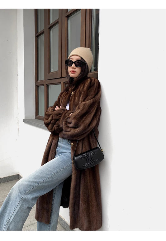 Lautaro Winter Long Brown Thick Warm Soft Faux Mink Fur Coat Women Puff Sleeve Elegant Luxury Chic Fluffy Furry Overcoat 2023