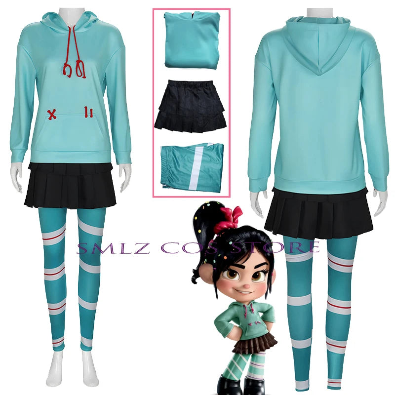 Vanellope Von Schweetz Cosplay Anime Costume Girl's Hoodies Skirt Wig Uniform Suit Halloween Performance Clothing for Woman