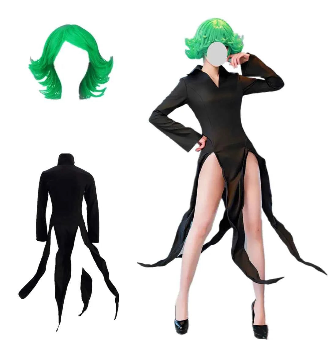 Women's Tatsumaki cosplay costume featuring a black high-slit dress and a short green wavy wig.