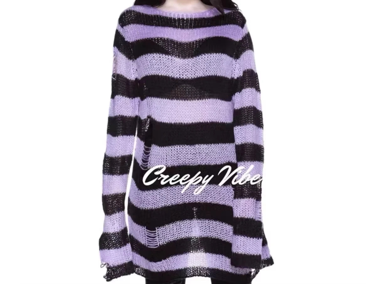 New Women's Punk Gothic Oversized Pullover Sweater Striped Hollow out Cool Harajuku Aesthetics Spring Autumn