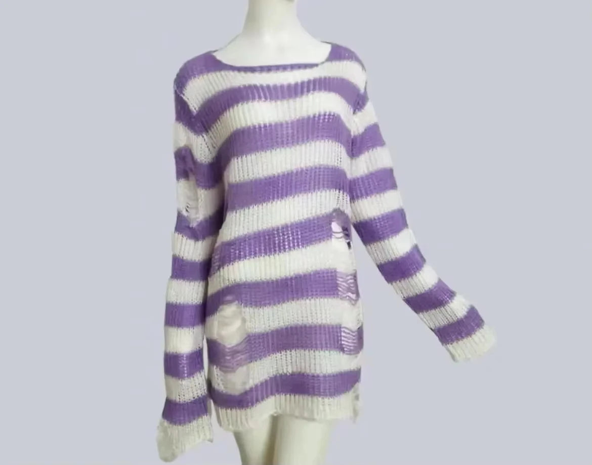 New Women's Punk Gothic Oversized Pullover Sweater Striped Hollow out Cool Harajuku Aesthetics Spring Autumn