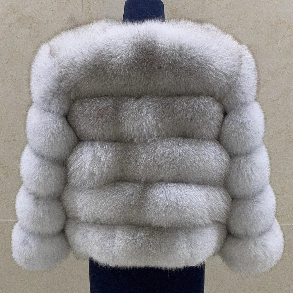 WGLUVF Women's Real Fox Fur Short O-Neck Coat
